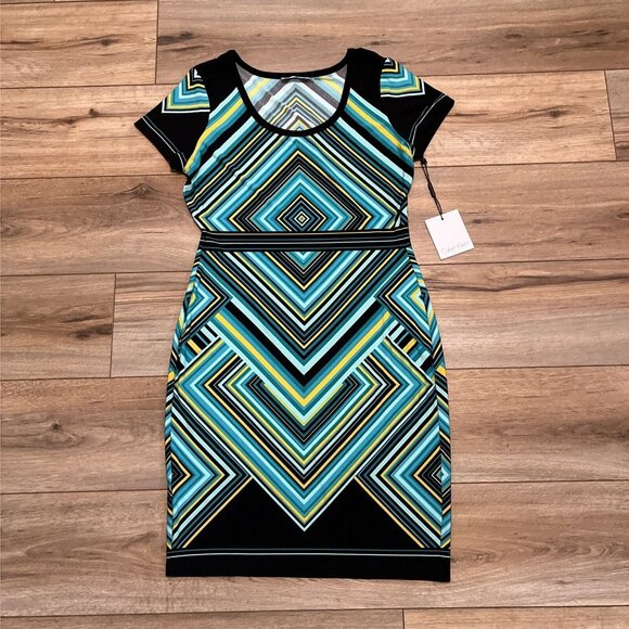 Calvin Klein Sheath Dress SZ 6 Pullover Stretch Turquoise Yellow Short Sleeve - Picture 1 of 11